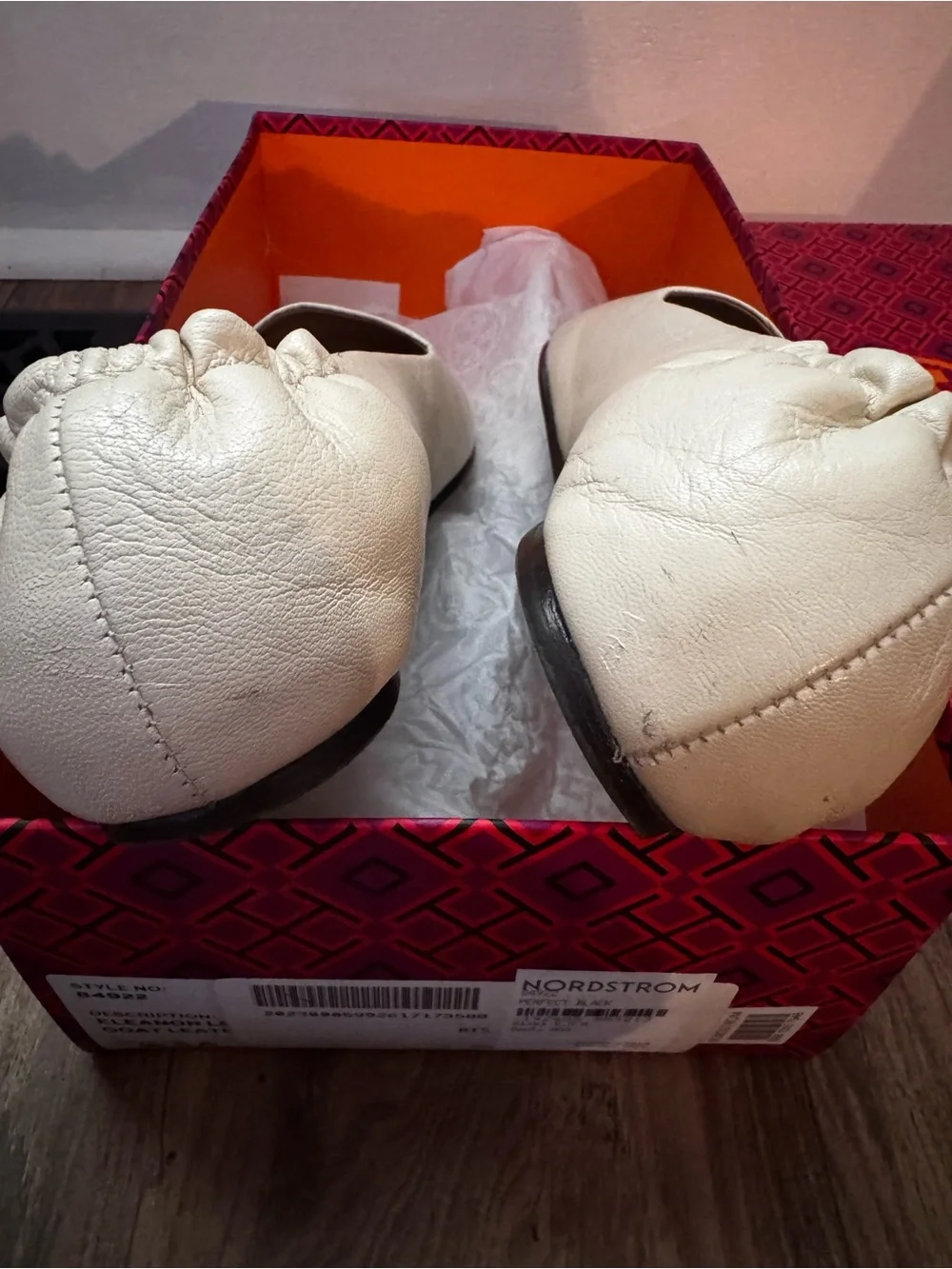 Tory Burch Cream Leather Logo Slip-On Flats with Gold Emblem